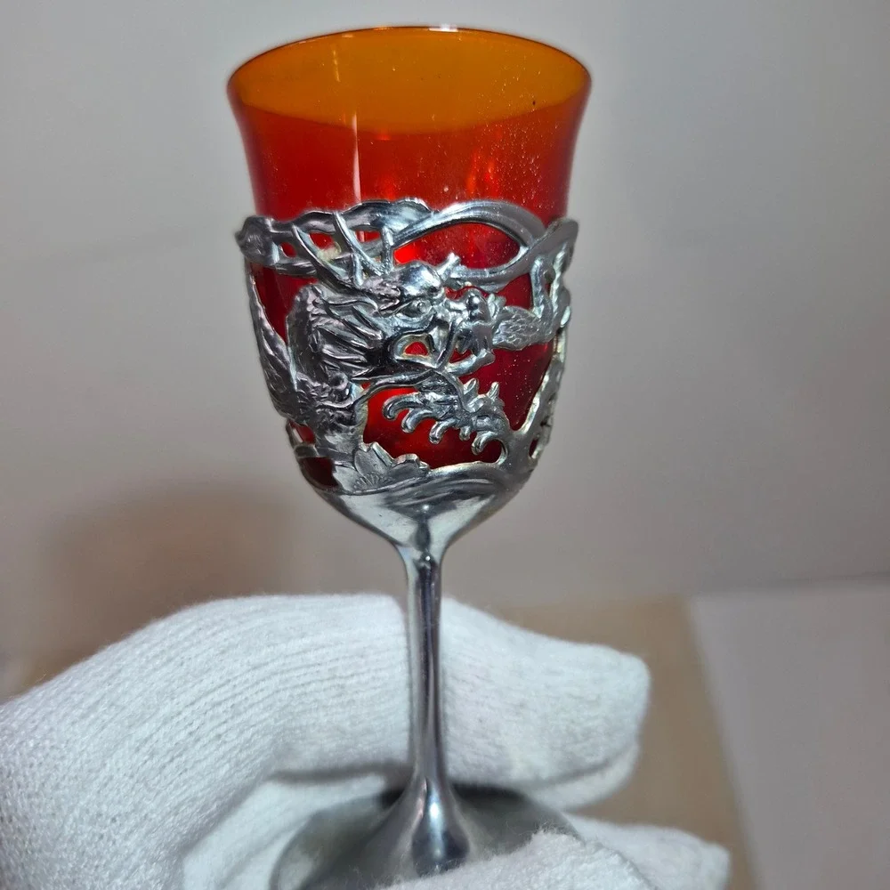 Vintage Japanese Sake Set 6 Red Dragon Cordial Glasses and Matching Serving Tray